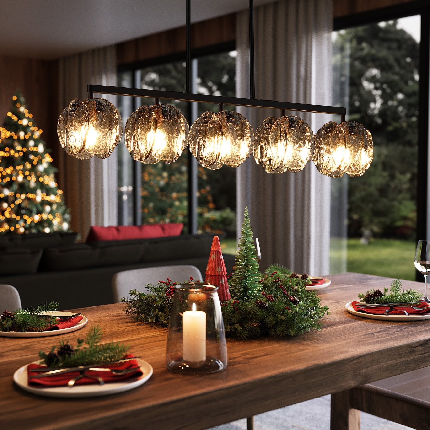5-Light Linear Chandelier with Hand-Blown Smoky Gray Glass Shades - Smoky Gray