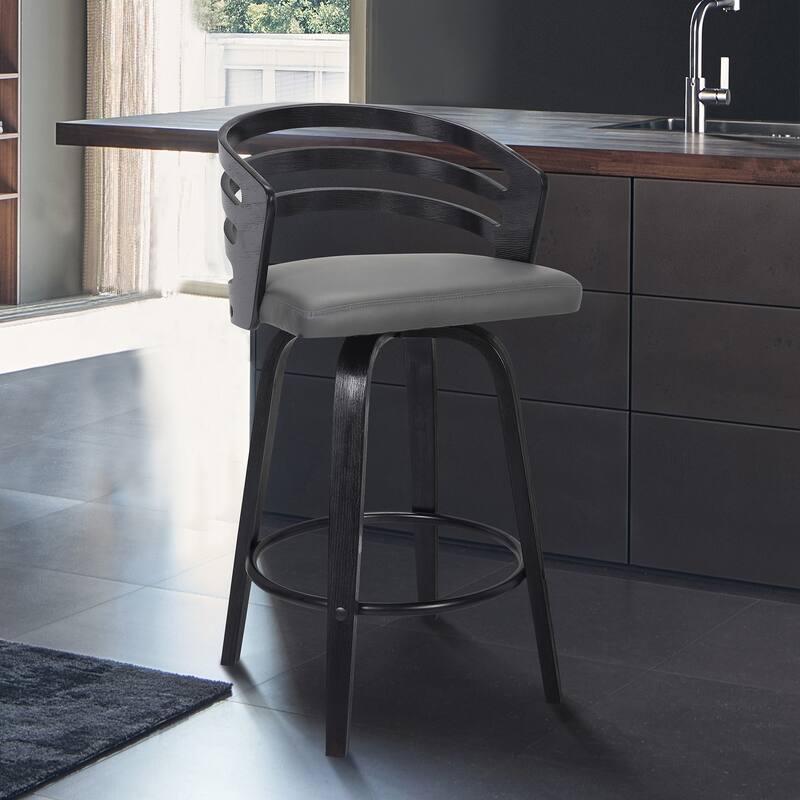 26 Inch Counter Height Swivel Bar Stool with Black Wood Frame and Grey Faux Leather Upholstered Seat