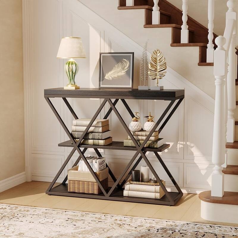 3-Tier X-Shaped Console Table, Entryway Table with Storage Shelf