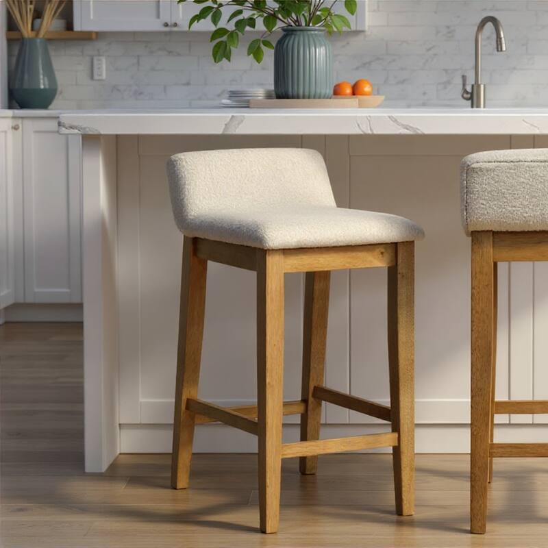 Annikah Low-Back Boucle Bar Stool, Counter Height Kitchen Barstool with Wood Legs - Single - Amber Glow - Counter Height