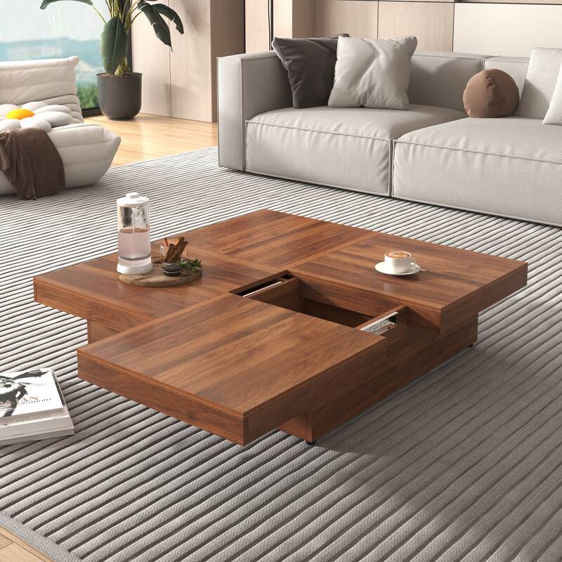 Modern Square Extendable Coffee Table with Sliding Top, Cocktail Table Center Table with 4 Hidden Storage Compartments for Home - Walnut
