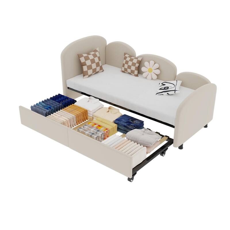 Flower-Shaped Velvet Daybed Frame with Under-Bed Storage - Twin Size Sofa Bed for Bedroom, Kids Room, Living Room, Gray