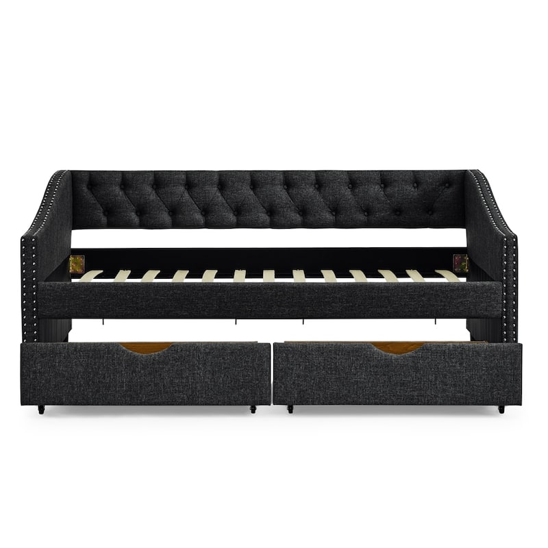 Twin Size Upholstered Tufted Daybed with Drawers and Copper Nail