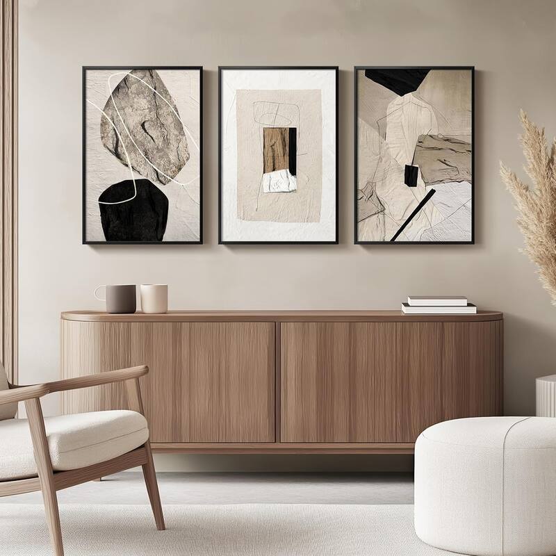 Framed Neutral Abstract Wall Art,Minimalist Black and Beige Pictures