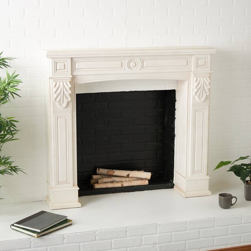 Wooden Freestanding Fireplace Mantle with Leaf Accents - White - Roche River Decor
