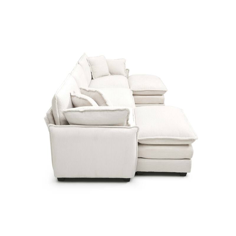 Beige 5-piece Corduroy U-Shaped Modular Sectional Sofa with 2 Ottomans & 5 Pillows