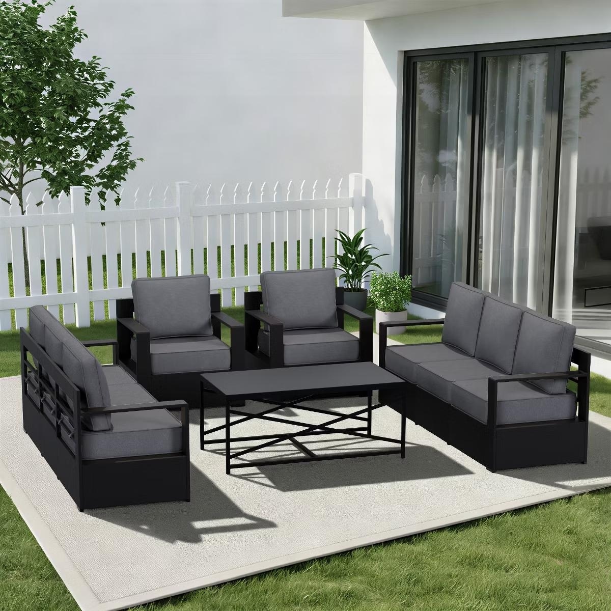 COZYWOR 8-Person All-Weather Aluminum Sectional Set with Two 3-Seat Sofas, Armchairs & Steel Coffee Table