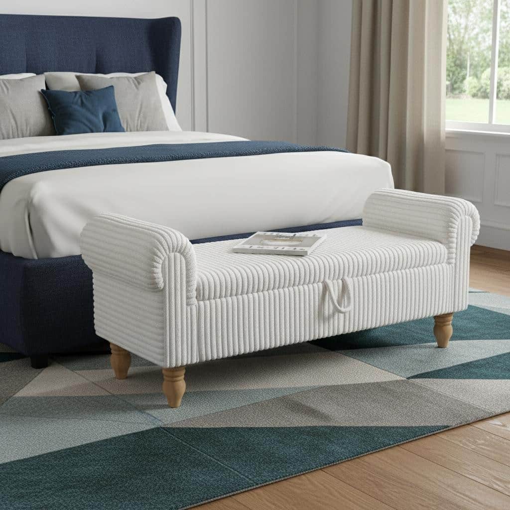 HomeRoots 55" White and Brown Corduroy and Solid Wood Upholstered Storage Bench With Flip Top