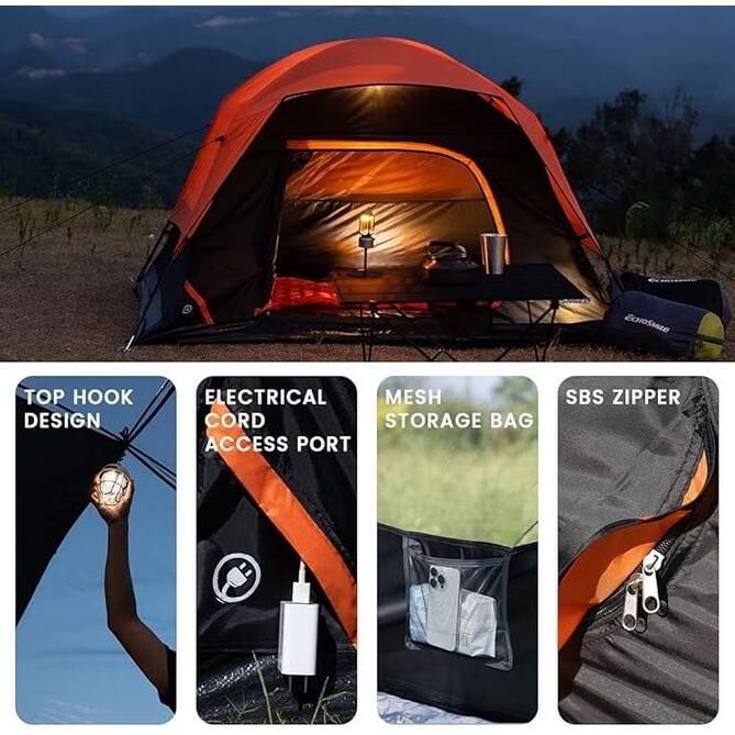Camping Tent 2/3/4 Person, Waterproof Windproof Double Layer with Rainfly - Black+Orange