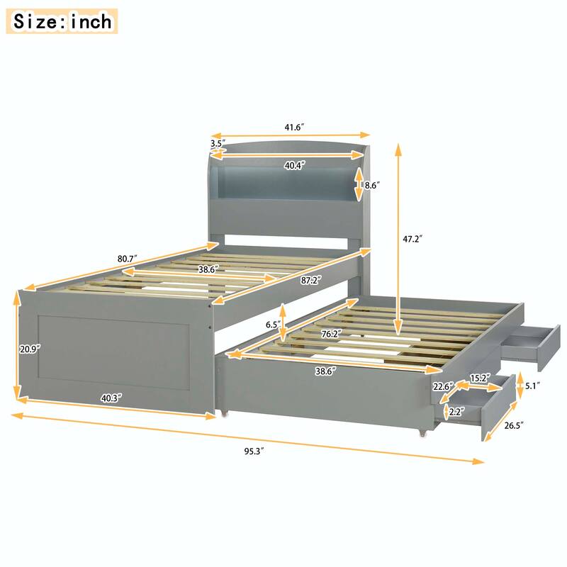 Platform Bed with Storage LED Headboard, Charging Station, Twin Size Trundle and 2 Drawers