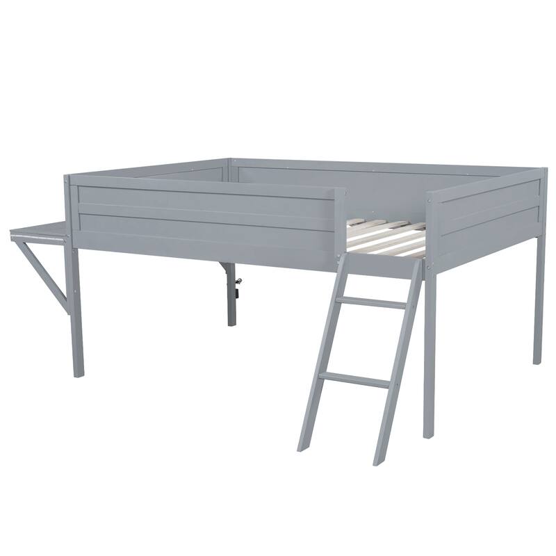Low Loft Bed with Integrated Desk and LED Lights, Wood Gaming Loft Bed Frame with Angled Ladder, for Kids Girls Boys