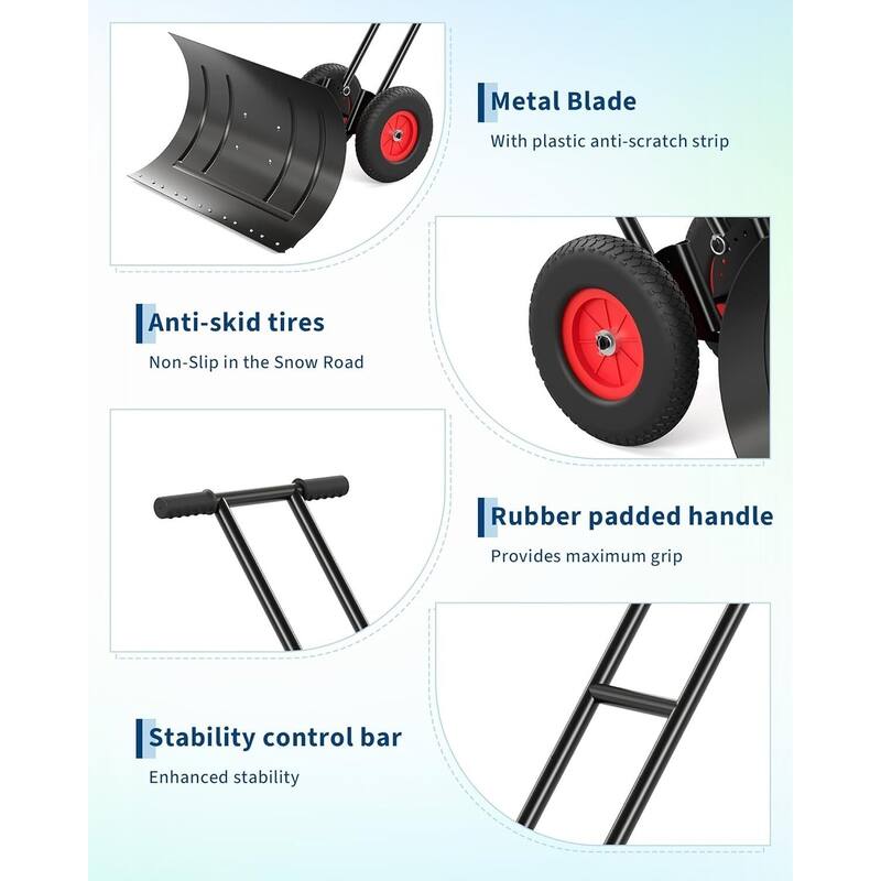 39.37* 16.54 in Heavy Duty Snow Shovel with Wheels for Easy Driveway and Pavement Clearing