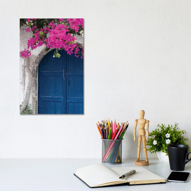 iCanvas "Greece, Santorini. Weathered blue door is framed by bright pink Bougainvillea blossoms." by Brenda Tharp Canvas Print - 12x8x0.75