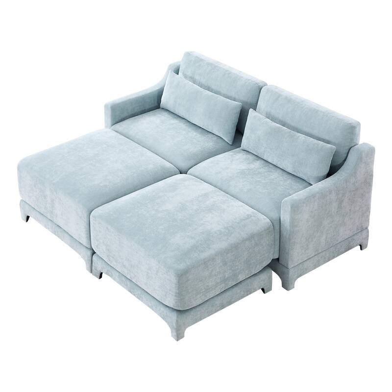 73.2" Chenille 2-Seater Sofa with Ottoman, 2 Lumbar Pillows, High-Resilience Sponge and Solid Wood Base