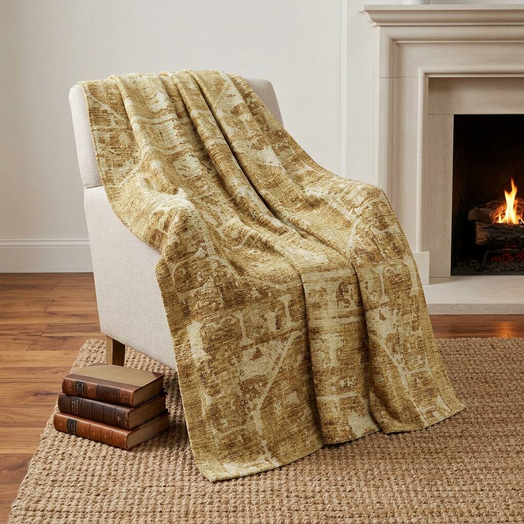 HomeRoots 50" X 70" Beige And Tan Damask Polyester Woven Plush Throw Blanket