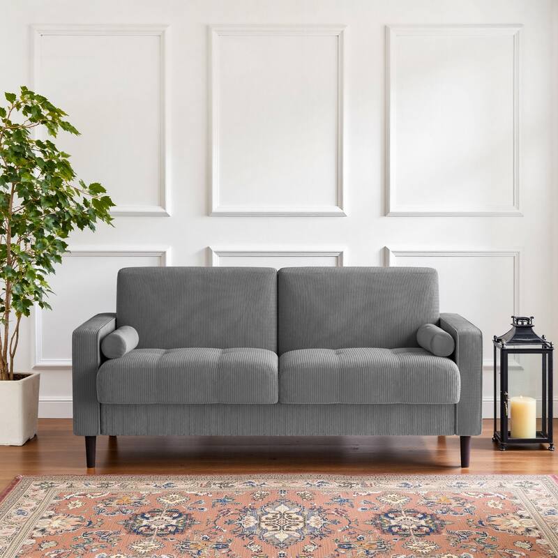 Modern Corduroy Upholstered Loveseat with Bolster Pillows and Wood Legs