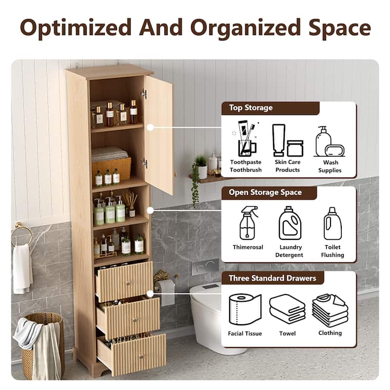 Vertical Stripe Accents Cabinet Freestanding Tall Cabinet for Bathroom with 1 Door, 3 Drawers, Open Storag and Adjustable Shelf