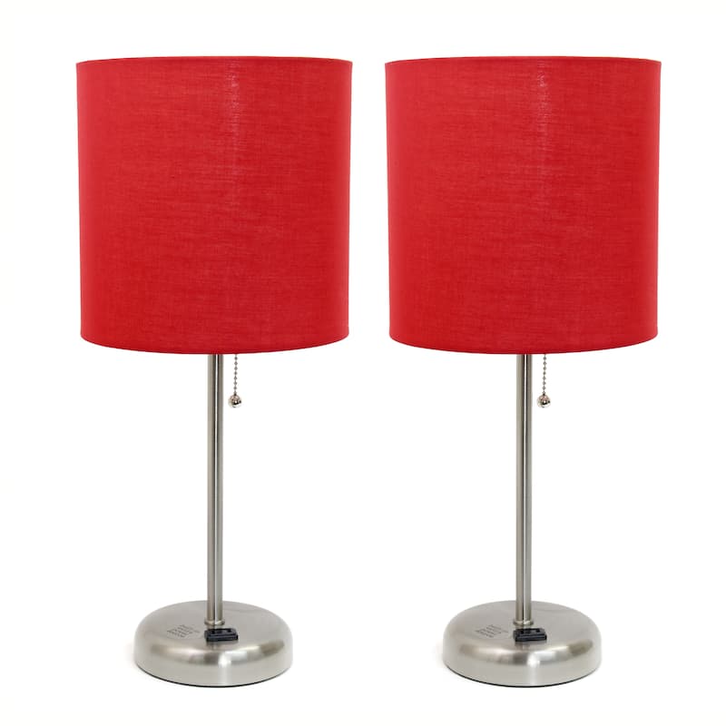 Simple Designs 19.5" 2 Pack Table Desk Lamp Set with Charging Outlet - 19.50 - Brushed Steel/Red Shade
