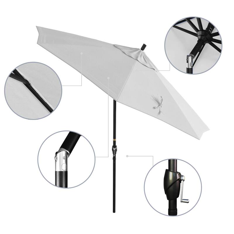 California Umbrella 9' Rd. Aluminum Patio Umbrella, Crank Lift with Push Button Tilt, Black Finish, Pacifica Fabric