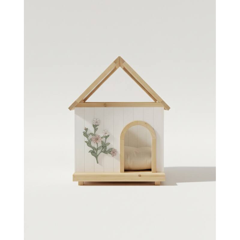 FSC-Certified Cedar Pet House with Transparent Roof & Floral Carving - Indoor Shelter for Cats & Small Dogs