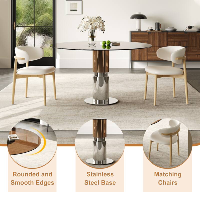 3 Piece Round Dining Table Set Tempered Glass Top Stainless Steel Base 4 Chairs