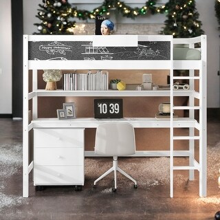 White Multiple Storage Twin Size Loft Bed with Desk, Blackboard, Storage Box, Shelf and 3 Drawers