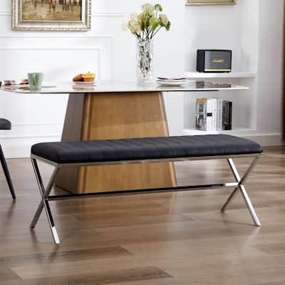 Tufted Faux Leather 46.5" Length Upholstered Dining Bench with Metal X Legs