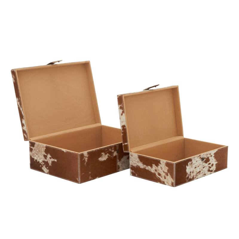 Leather Handmade Decorative Box with Hinged Lid - Set of 2 Gray, Brown, Dark Brown, Gold, Silver - Roche River Decor