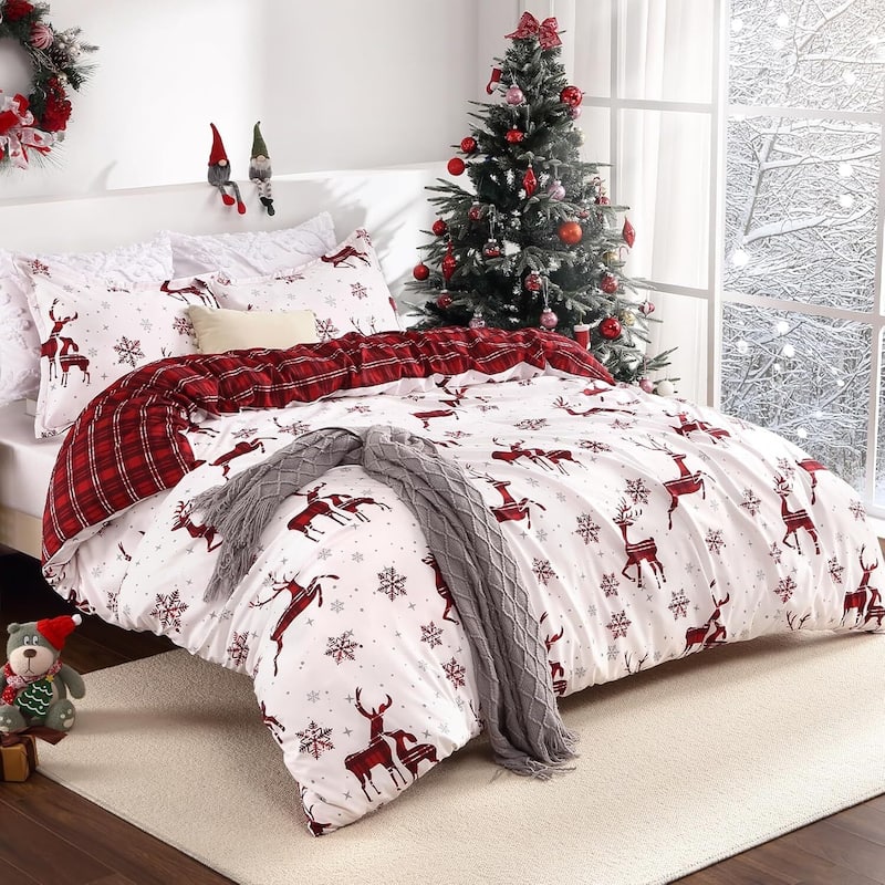 Christmas Soft Brushed Reindeer Duvet Cover and Pillow Shams Set, Bedding Set - Queen