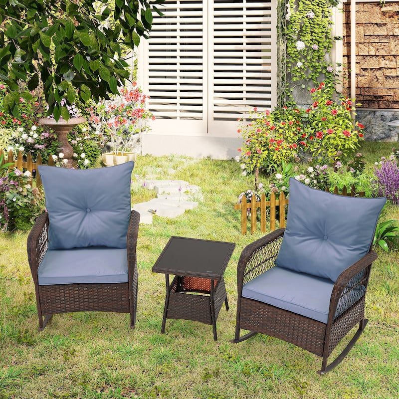 3-Piece Outdoor Rocking/Swivel Chair Set - PE Rattan Patio Furniture with Cushions & Coffee Table, Rocker Chairs for Backyard - PE Rattan & Rocking - Blue