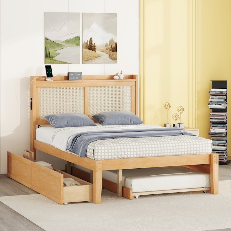 Elegant Bed Frame with Rattan Headboard and Sockets