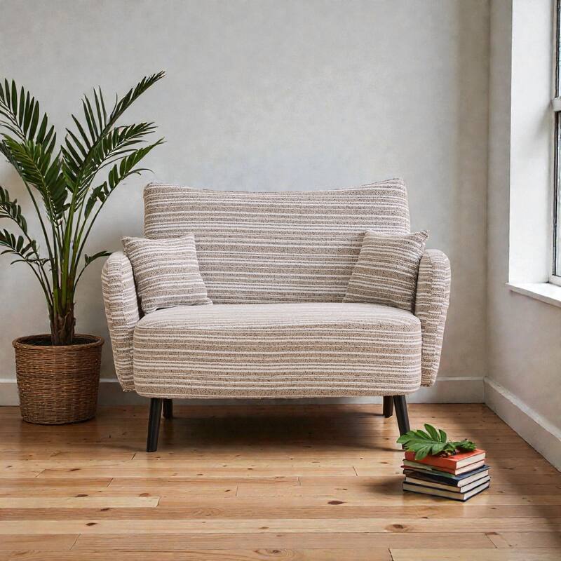 Modern Boucle 2-Seater Sofa with Storage Pockets, Deep-Seated Small Couch with Armrest Pillows for Apartments - Khaki