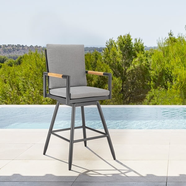 Crown Outdoor Patio Swivel Bar Stool in Black Aluminum with Wood Accent ...