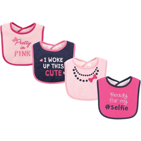 slide 1 of 1, Luvable Friends Baby Girl Cotton Drooler Bibs with Fiber Filling 4pk, Selfie, One Size - Selfie - One Size One Size - Selfie