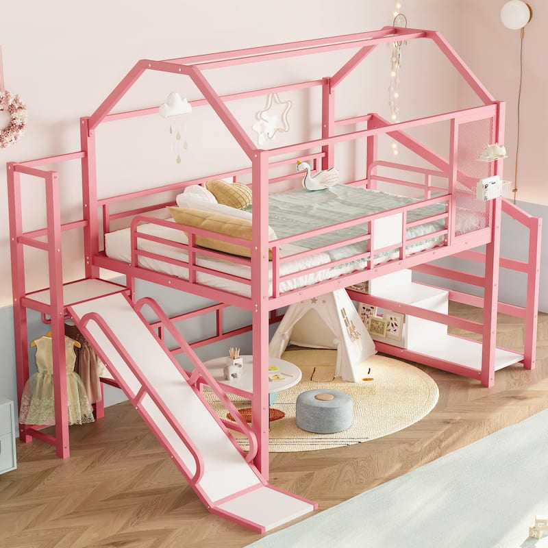 Fun Play House-shaped Loft Bed Metal Bed Frame with Grid and Shelves