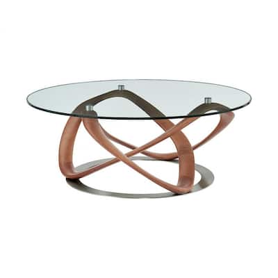 HomeRoots 39" Walnut And Clear Glass Abstract Round Coffee Table - 39.4 x 39.4 x 15.4