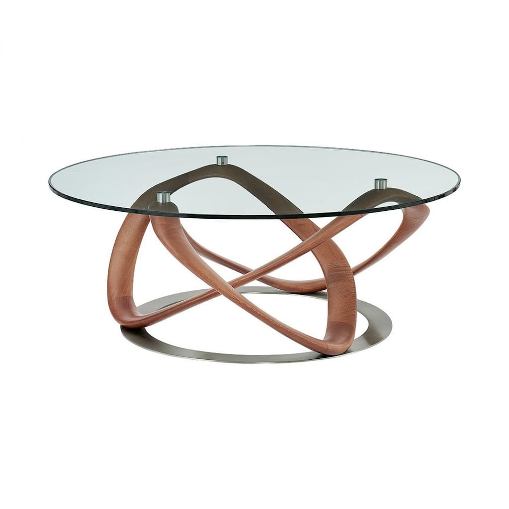 HomeRoots 39" Walnut And Clear Glass Abstract Round Coffee Table - 39.4 x 39.4 x 15.4