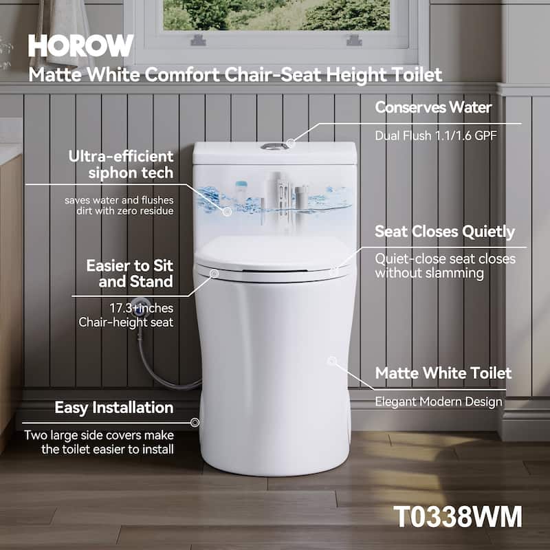 HOROW 1 Piece Dual Flush Elongated Toilet Matte White 1.1/1.6 GPF ADA Height Soft Close Seat - N/A