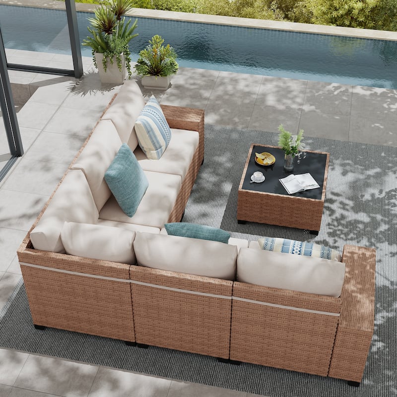Outdoor Conversation Set L-Shaped Sectional Sofa 6-Piece with Cushions and Coffee Table PE Wicker Rattan Weather-Resistant - Brown rattan and beige cushions