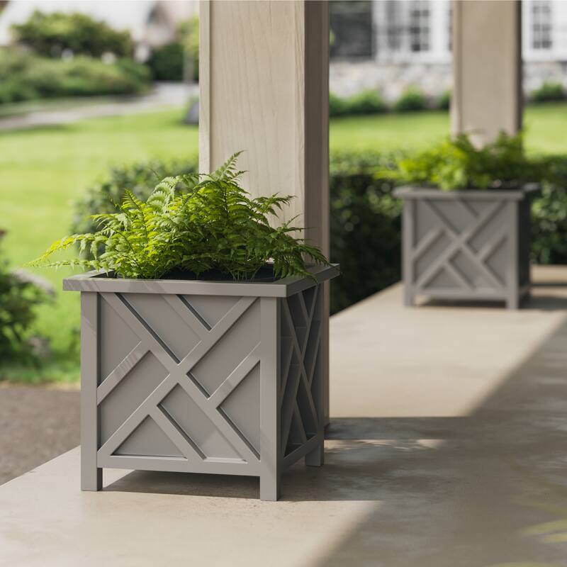 Lattice Design Planter Box - 15.5-Inch-Square Decorative Outdoor Flower or Plant Pot by Pure Garden (Gray)