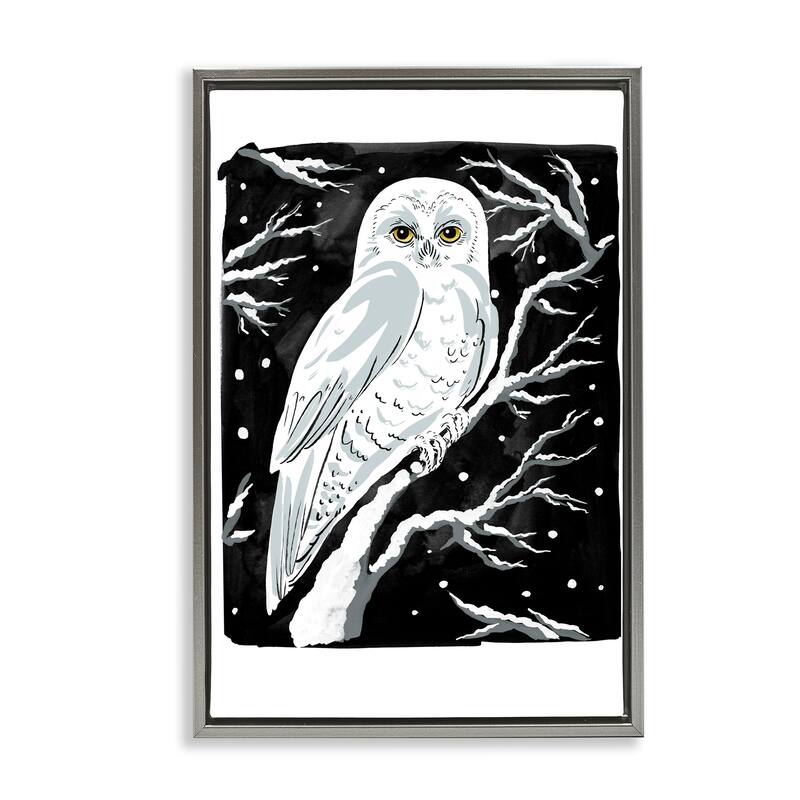 Stupell Forest Owl & Calm Snowfall Framed Floater Canvas Wall Art Design By Hannah Moren - 21 x 31 - Grey