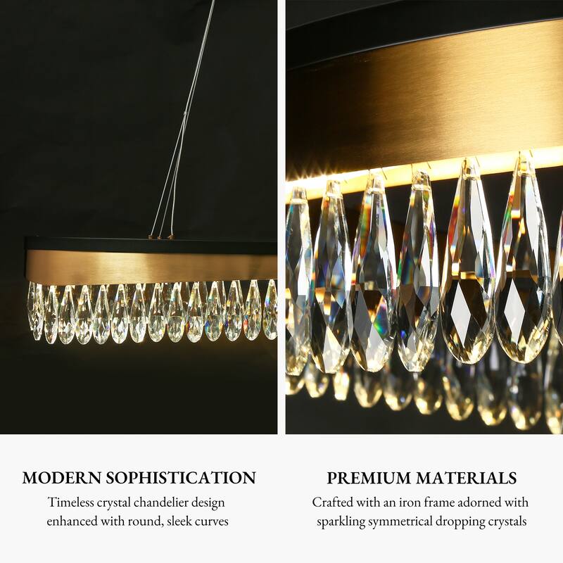 Modern 1-Light LED Crystal Chandelier Black Gold Linear Island Lights for Dining Room - D31.5" x H6"