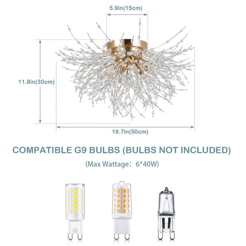 Crystal Flush Mount Ceiling Light, Modern Sputnik Firework Close to Ceiling Lamp - Golden + Crystal - 19.7