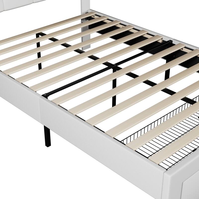 VECELO Bed Frame with Storage Drawers, Leather Upholstered with Diamond Tufted Headboard, Solid Wood Slat Support