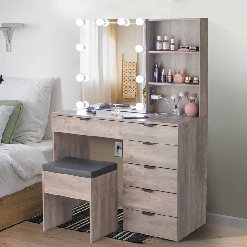 Mirror 6-Drawers Dressing Vanity Table with USB - Grey