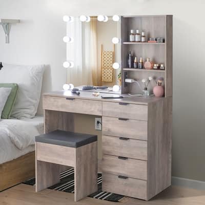 Mirror 6-Drawers Dressing Vanity Table with USB