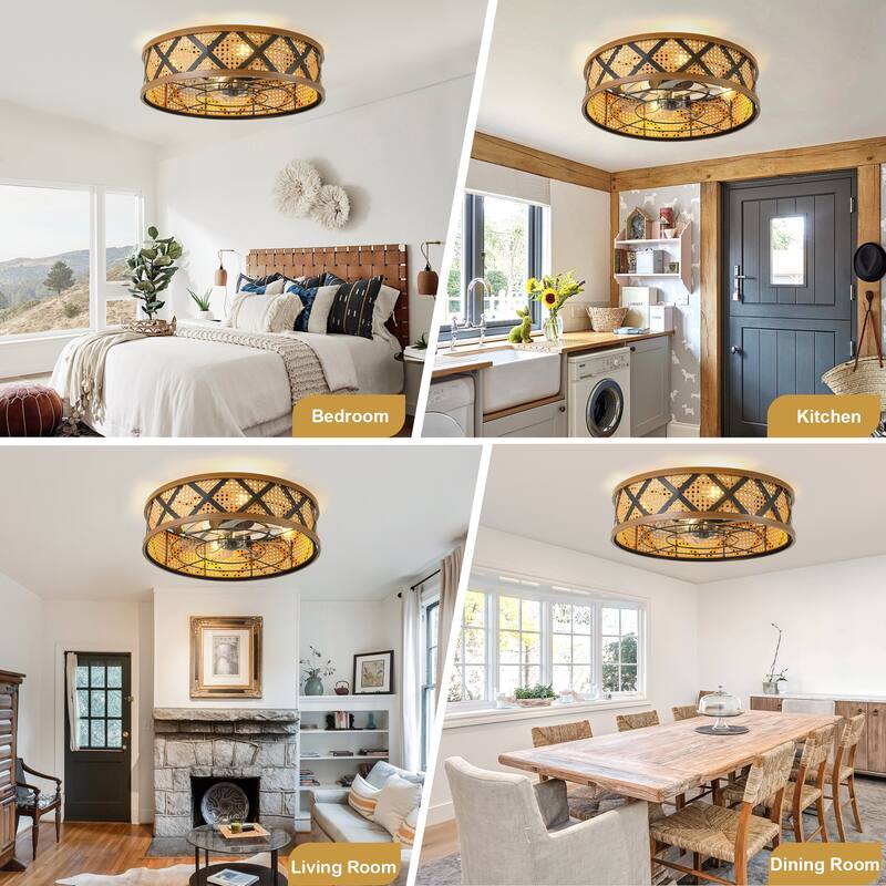 Cusp Barn 23" Boho Rattan Flush Mount Low Profile 6 Speeds Reversible Caged Ceiling Fan with Light and Remote for Bedroom