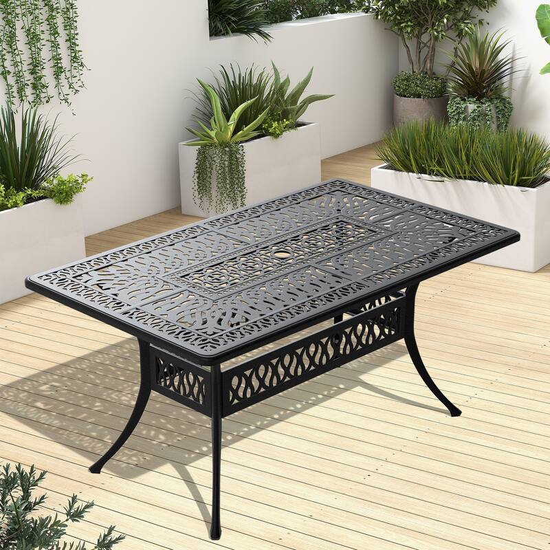 GDFStudio - Harrison Large Outdoor Rectangular Dining Table with Cast Aluminum Craftsmanship and Umbrella Hole - Black