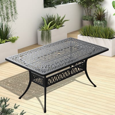 GDFStudio - Harrison Large Outdoor Rectangular Dining Table with Cast Aluminum Craftsmanship and Umbrella Hole