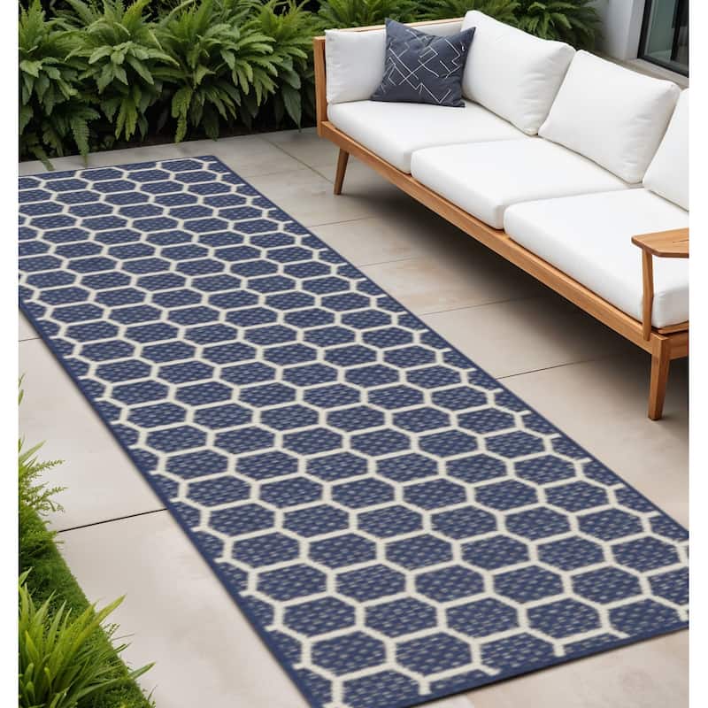 HomeRoots Geometric Modern Runner Outdoor Rug - 12' Runner - Blue/Ivory - 12' Runner